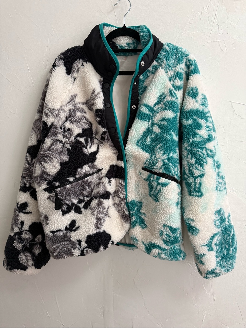 Free People Two-Tone Floral Teddy Jacket in Black, White & Teal
